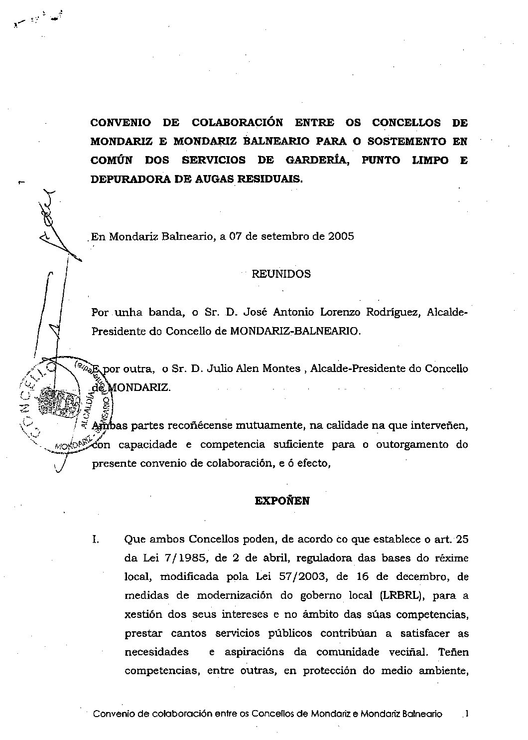 CONVENIO DE COLABORACIÓN ENTRE OS CONCELLOS DE MONDARIZ