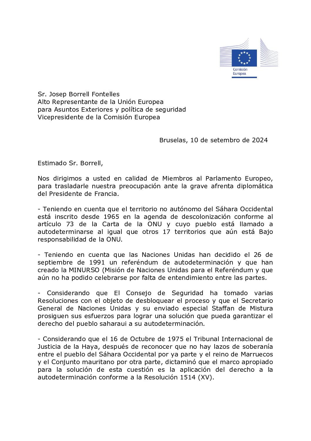 Carta ao Sr. Josep Borrell 10/09/24
